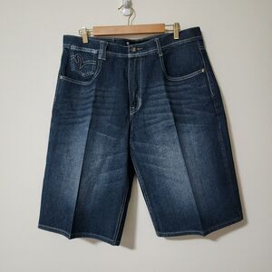 Mecca Mens Jean Shorts Y2K Size 38 Blue Cotton Blend Denim Embroidered